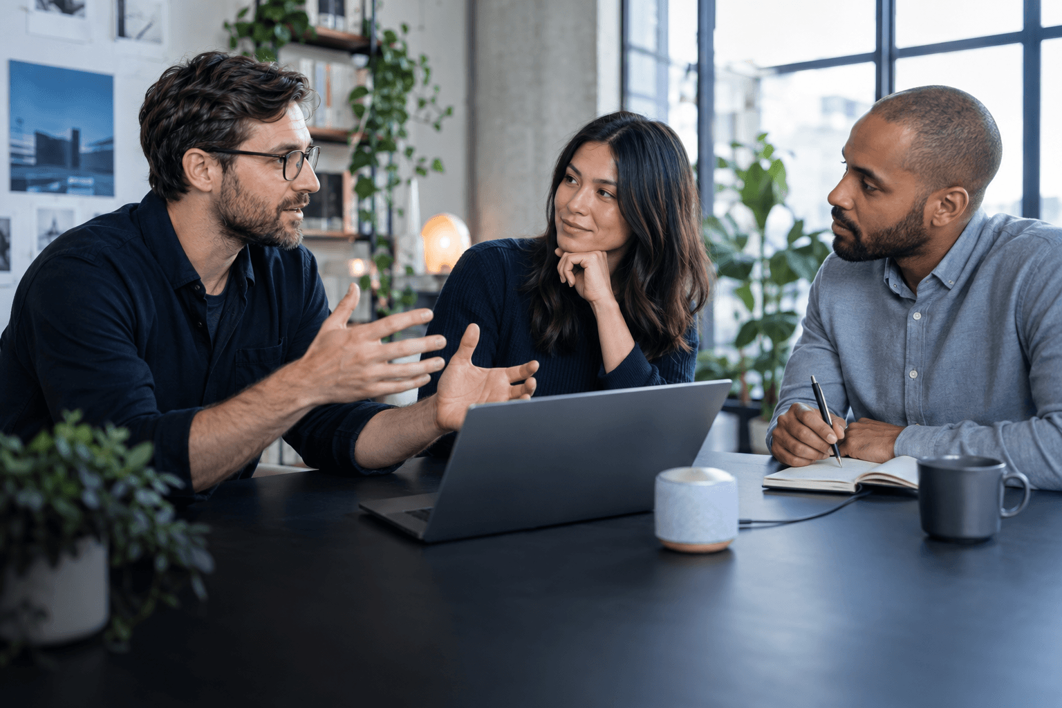A technology consultancy team discussing a new project together