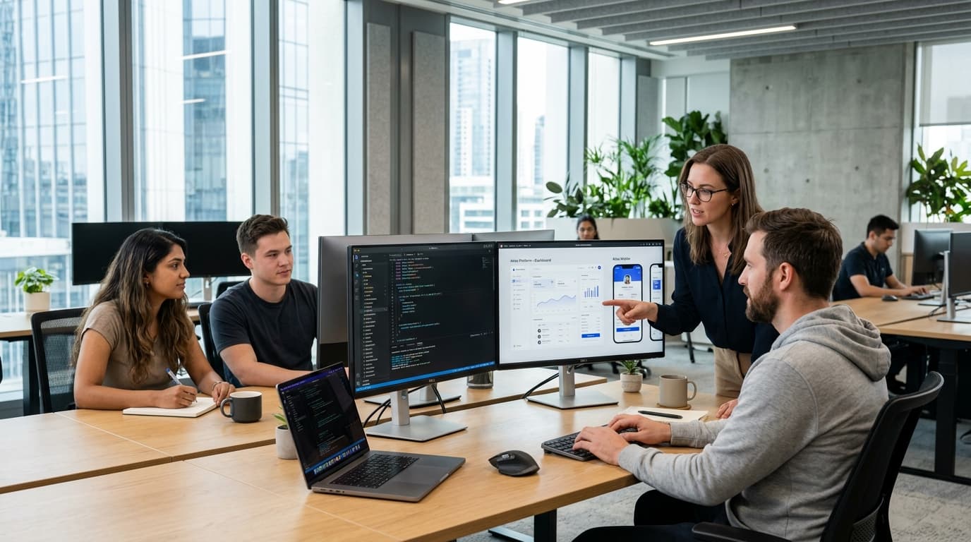 Engineering workspace illustrating collaborative custom software development