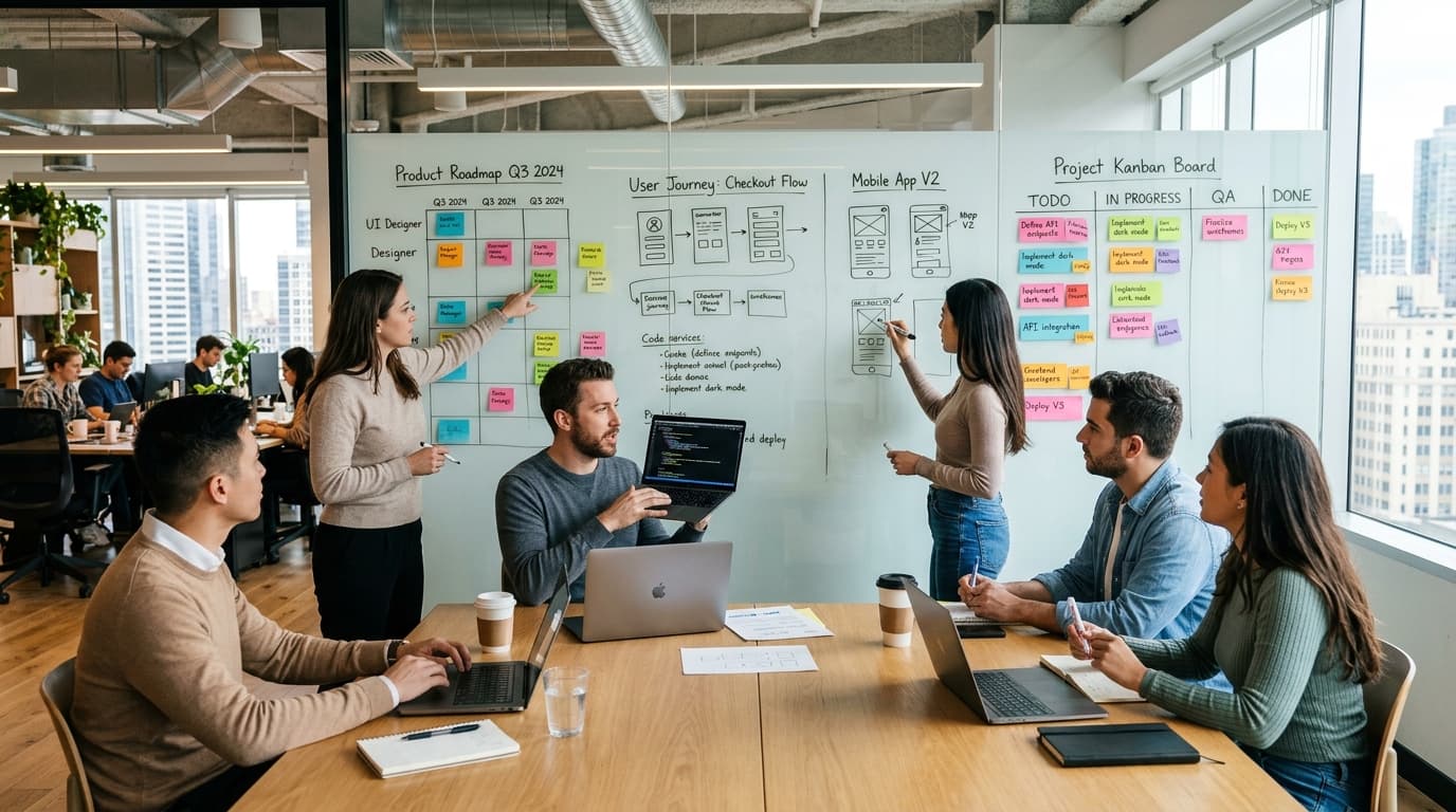 Collaborative product engineering workspace with roadmaps and design journey boards